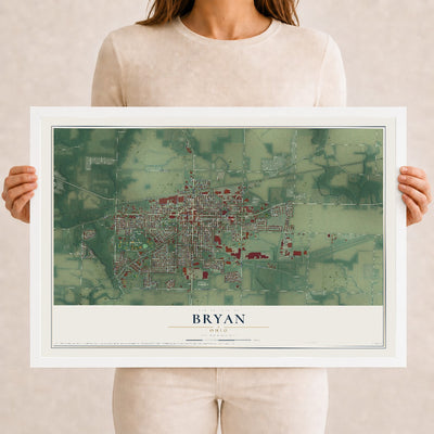 Map of Bryan, Ohio, 12 x 18 inch print in a white wood frame