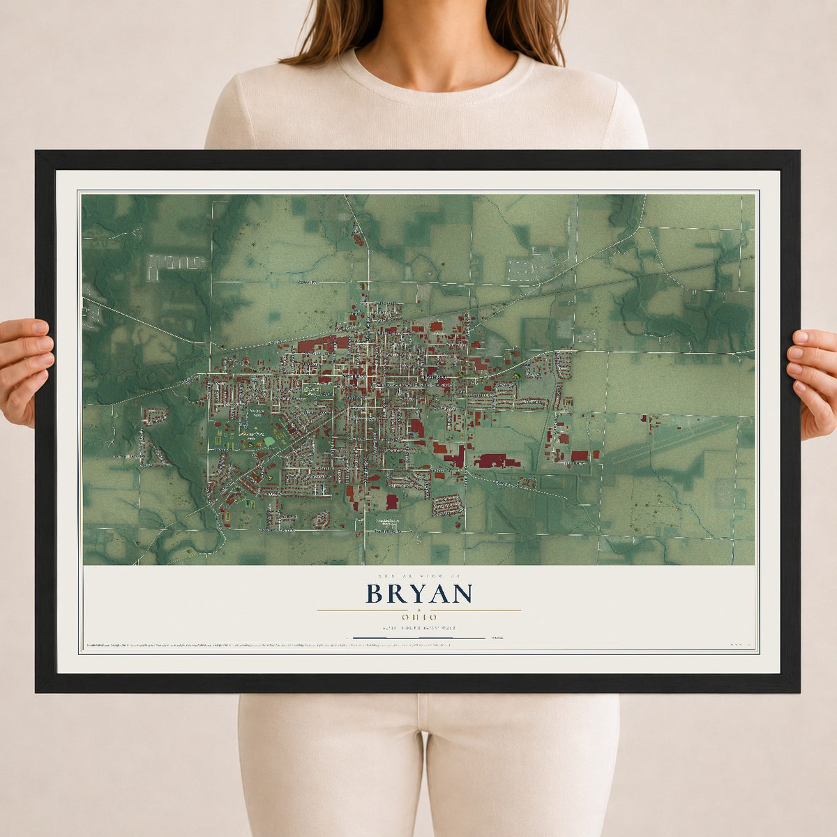Map of Bryan, Ohio, 18 x 24 inch print in a black wood frame