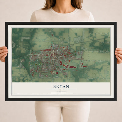 Map of Bryan, Ohio, 18 x 24 inch print in a black wood frame
