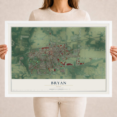 Map of Bryan, Ohio, 18 x 24 inch print in a white wood frame