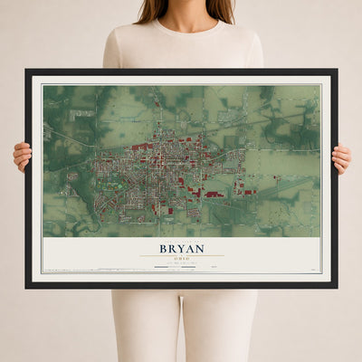 Map of Bryan, Ohio, 24 x 36 inch print in a black wood frame