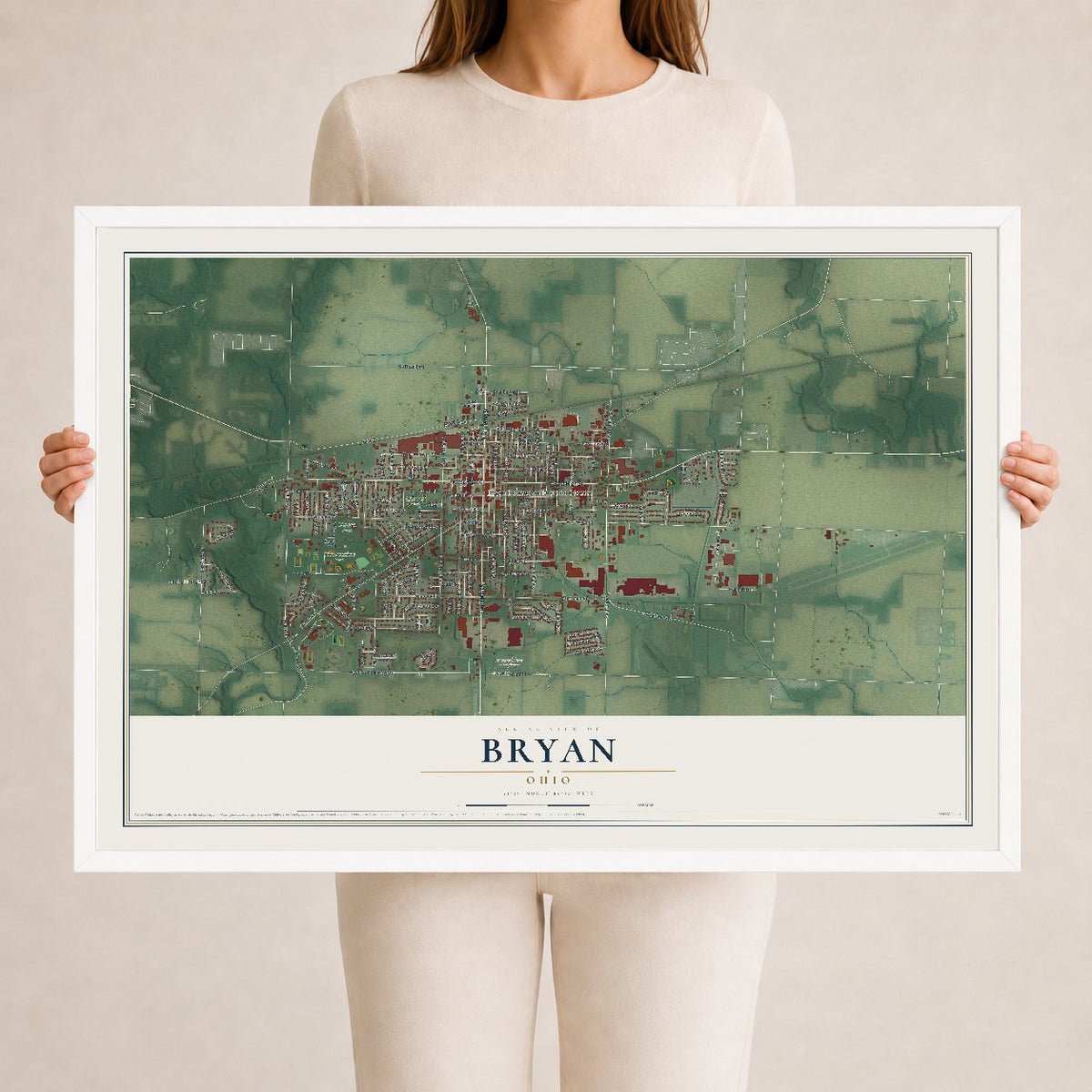 Map of Bryan, Ohio, 24 x 36 inch print in a white wood frame