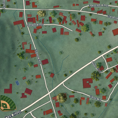 Close-up of the map of Buchtel, Ohio print showing street and building detail