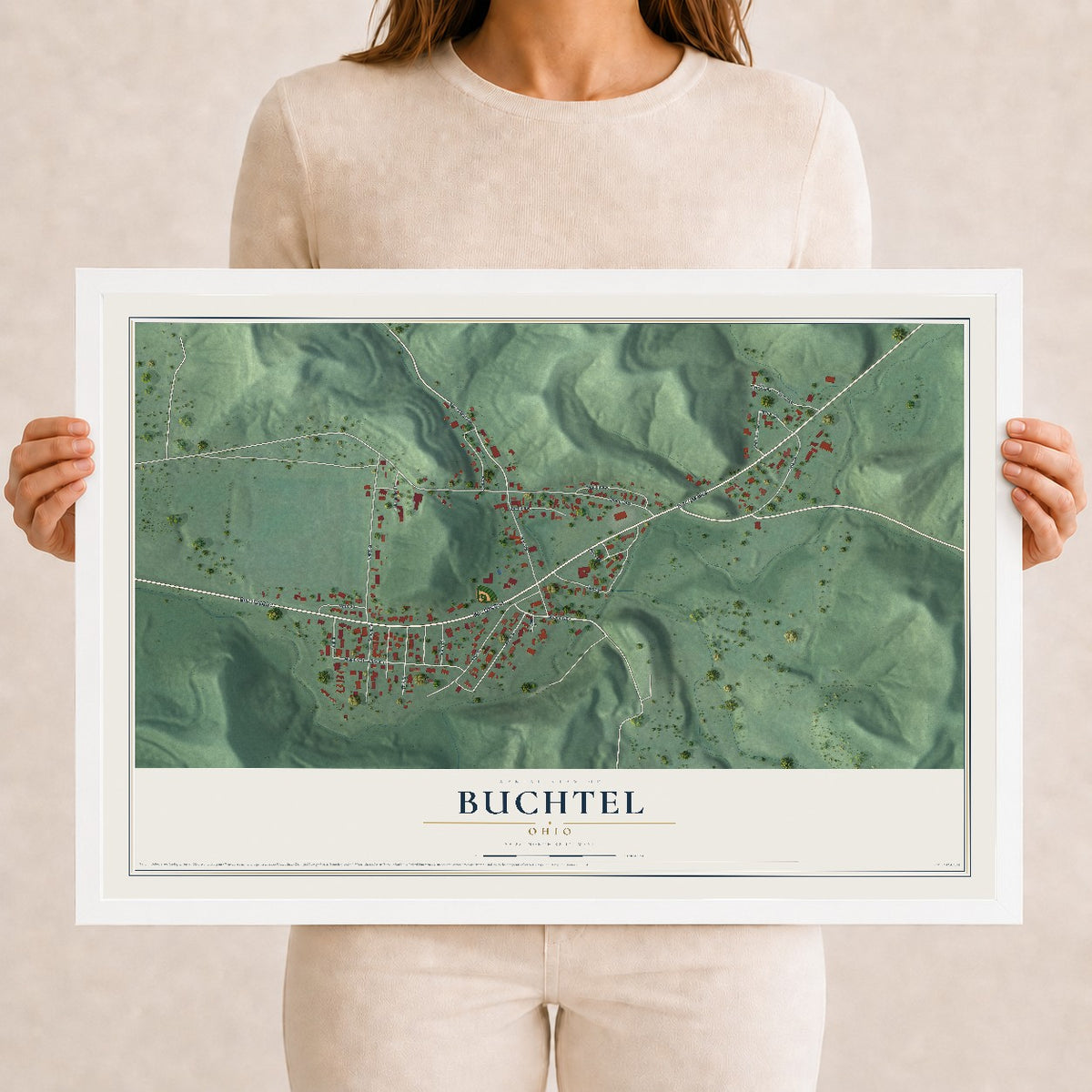 Map of Buchtel, Ohio, 12 x 18 inch print in a white wood frame