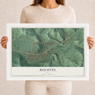 Map of Buchtel, Ohio, 12 x 18 inch print in a white wood frame