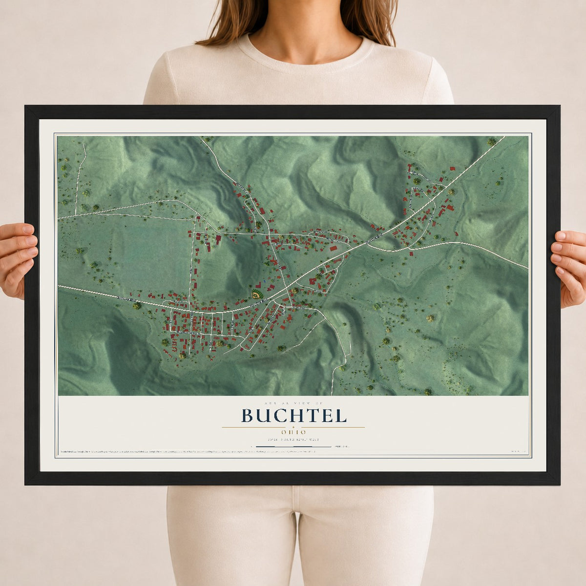Map of Buchtel, Ohio, 18 x 24 inch print in a black wood frame