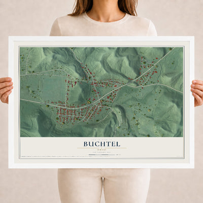 Map of Buchtel, Ohio, 18 x 24 inch print in a white wood frame