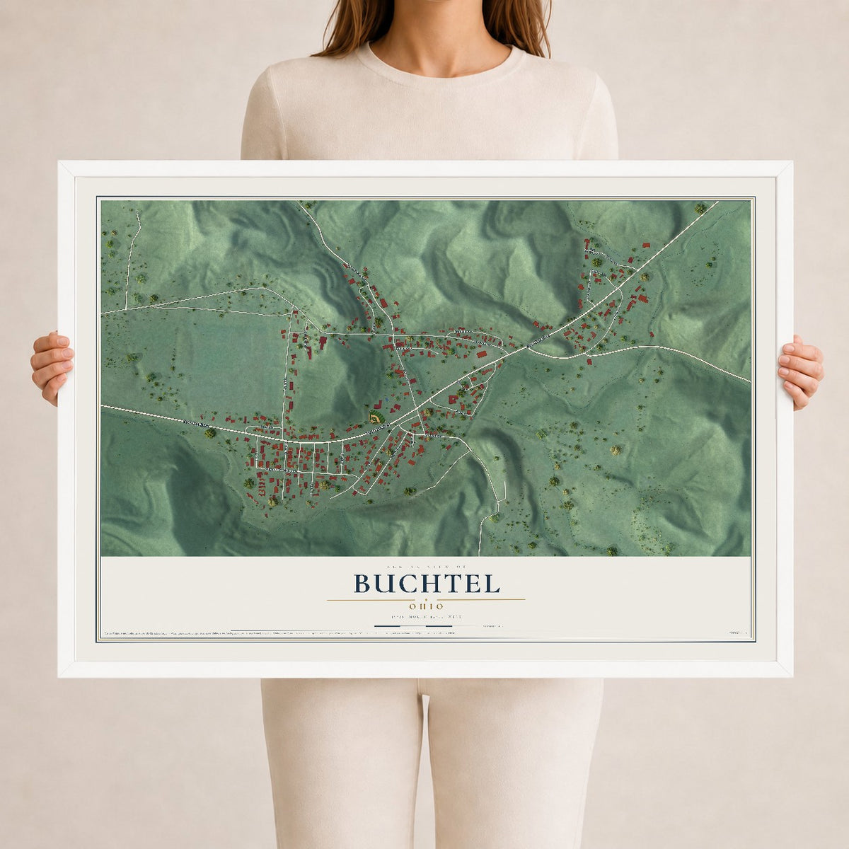 Map of Buchtel, Ohio, 24 x 36 inch print in a white wood frame
