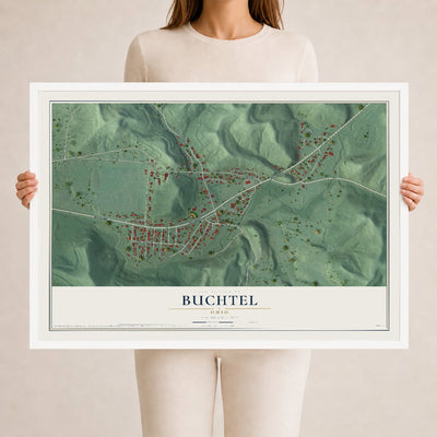 Map of Buchtel, Ohio, 24 x 36 inch print in a white wood frame
