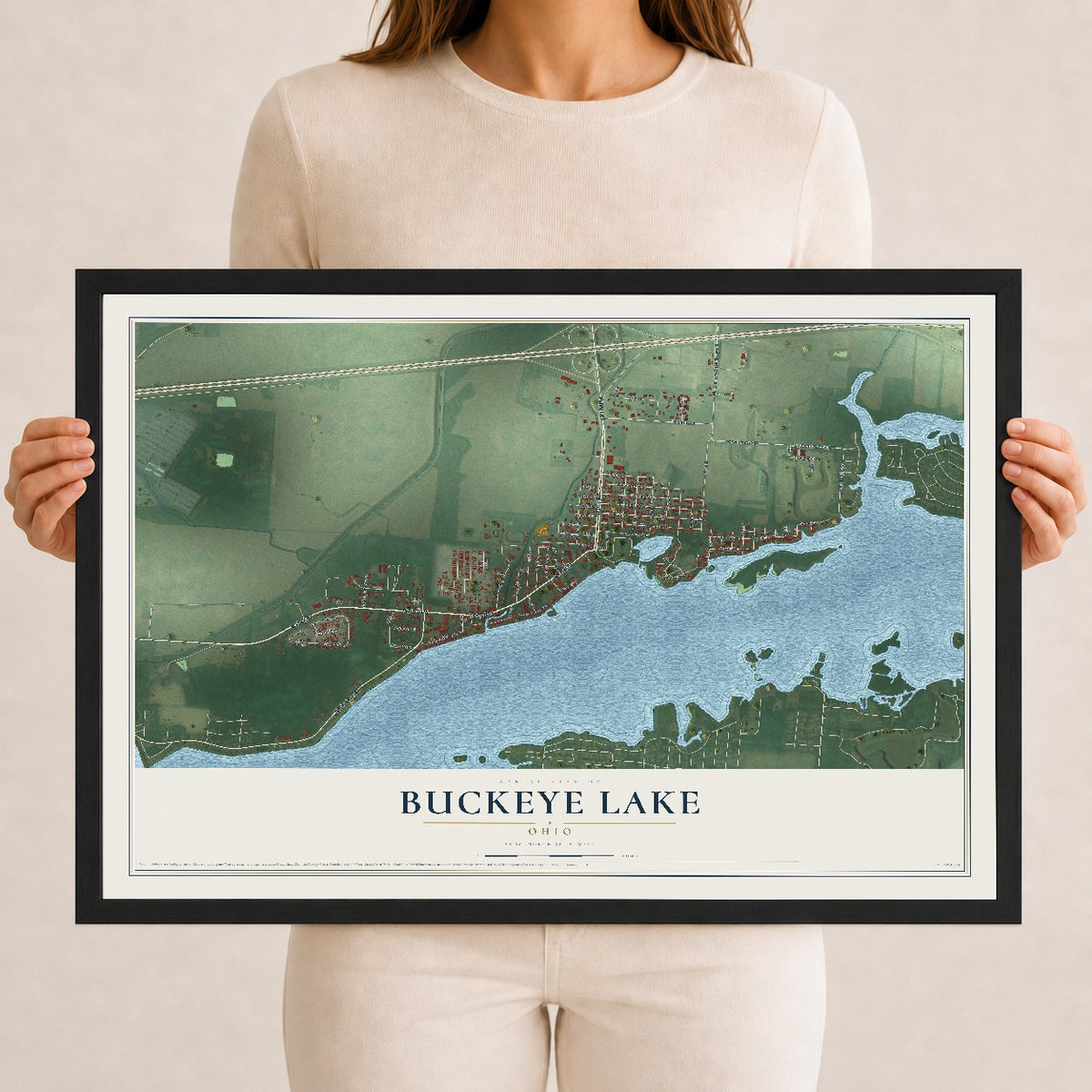 Map of Buckeye Lake, Ohio, 12 x 18 inch print in a black wood frame