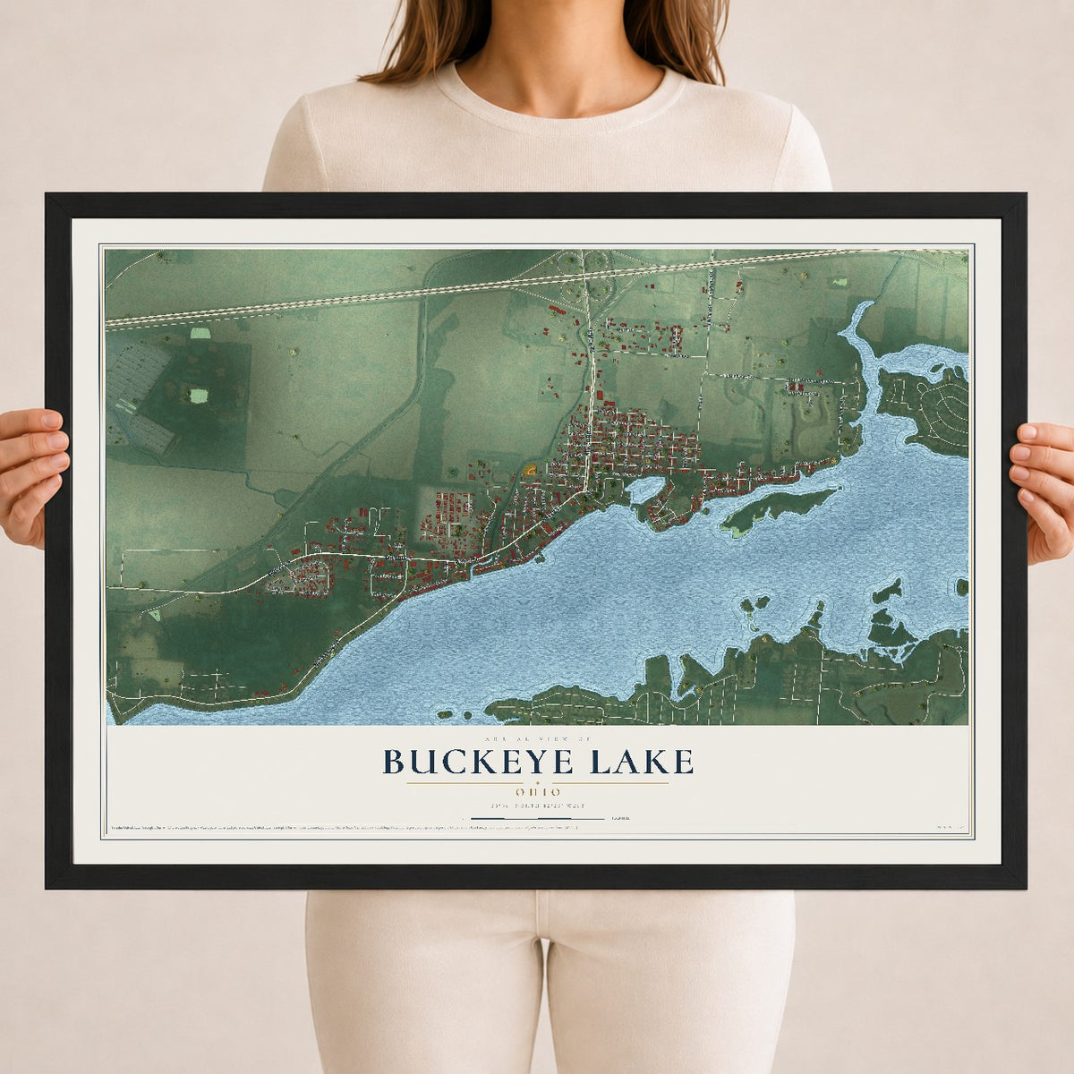 Map of Buckeye Lake, Ohio, 18 x 24 inch print in a black wood frame
