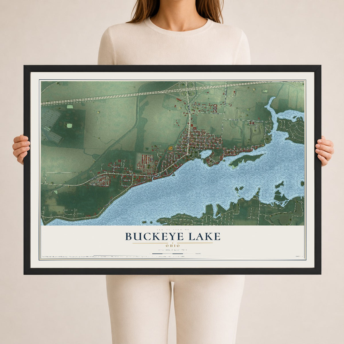 Map of Buckeye Lake, Ohio, 24 x 36 inch print in a black wood frame