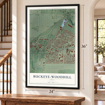 Buckeye-Woodhill, Ohio map, 24 x 36 inch print in a black frame by a staircase