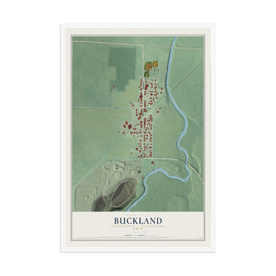 Map of Buckland, Ohio, 12 x 18 inch print in a white wood frame