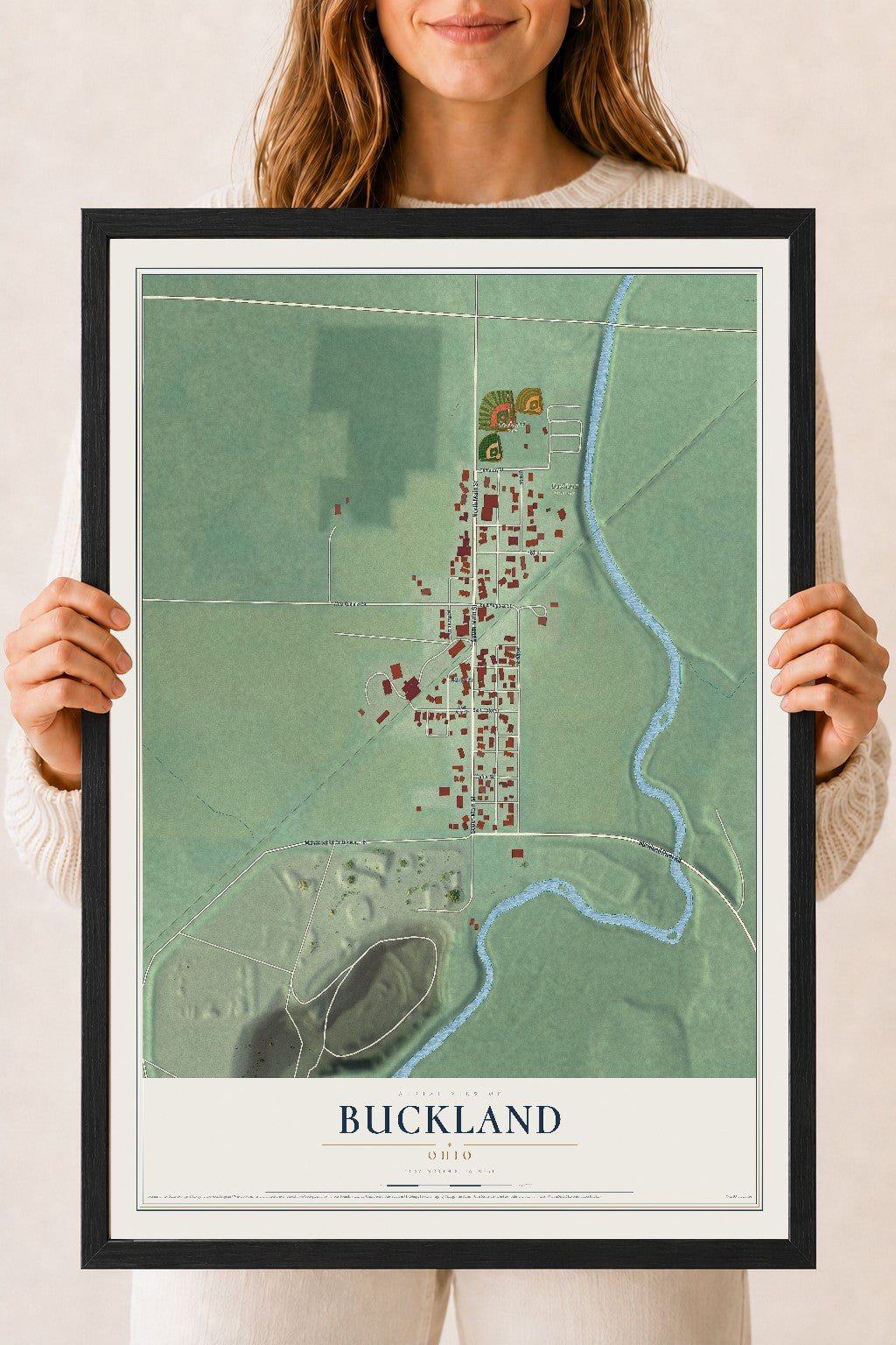 Map of Buckland, Ohio, 18 x 24 inch print in a black wood frame