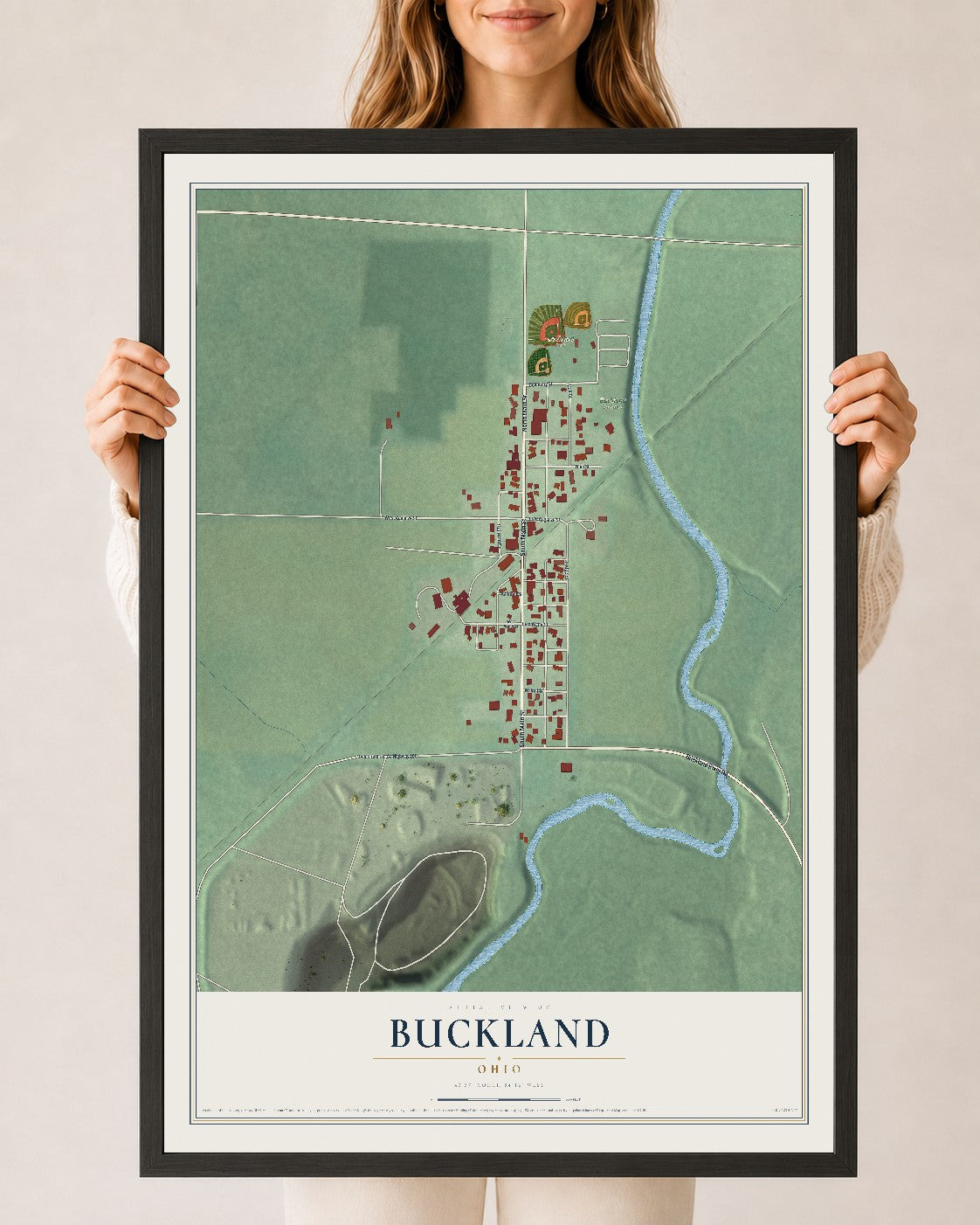 Map of Buckland, Ohio, 24 x 36 inch print in a black wood frame