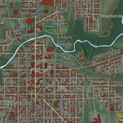 Close-up of the map of Bucyrus, Ohio print showing street and building detail