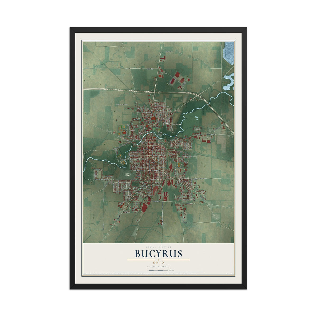 Map of Bucyrus, Ohio, 12 x 18 inch print in a black wood frame