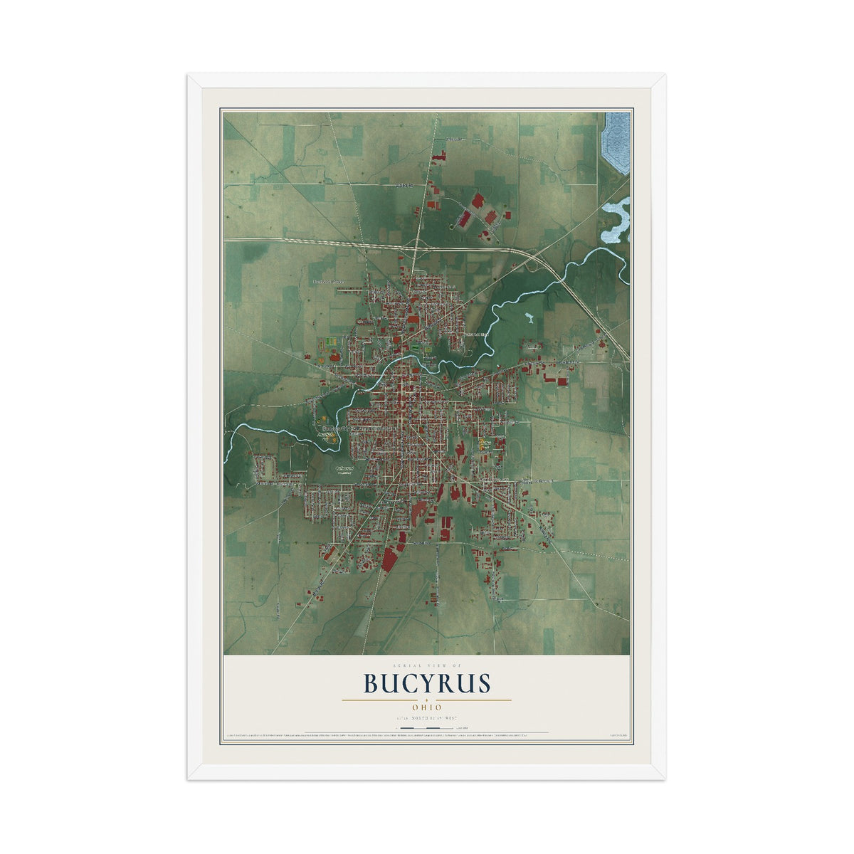 Map of Bucyrus, Ohio, 12 x 18 inch print in a white wood frame