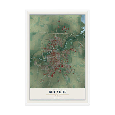 Map of Bucyrus, Ohio, 12 x 18 inch print in a white wood frame