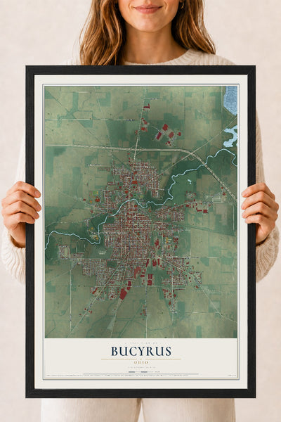 Map of Bucyrus, Ohio, 18 x 24 inch print in a black wood frame
