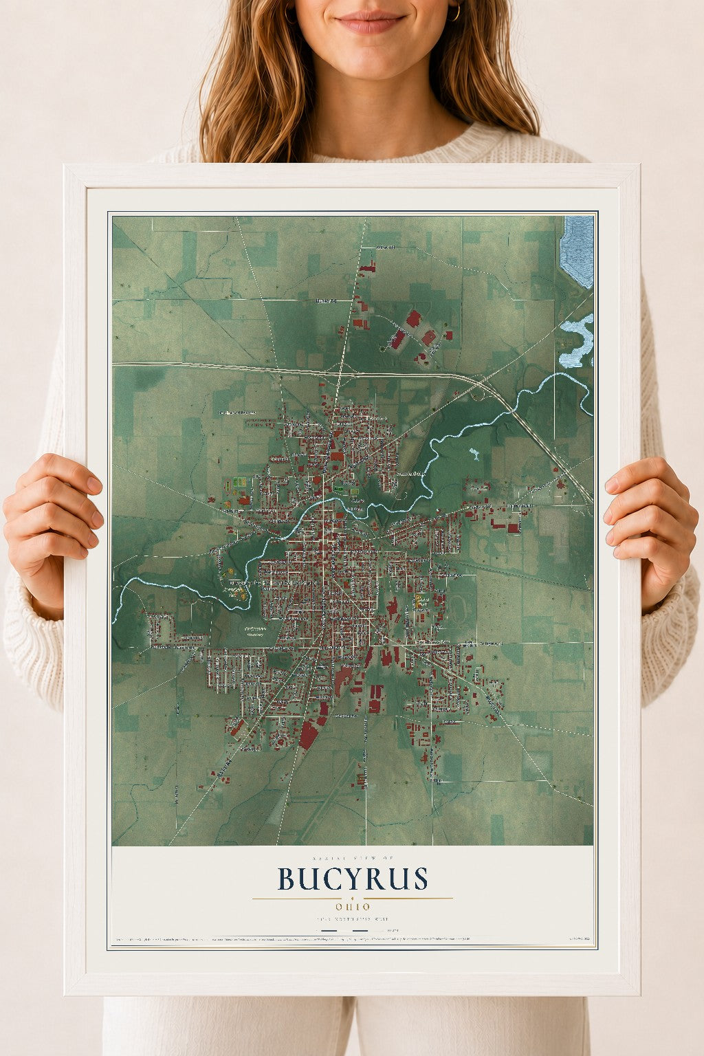 Map of Bucyrus, Ohio, 18 x 24 inch print in a white wood frame