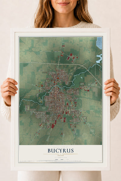 Map of Bucyrus, Ohio, 18 x 24 inch print in a white wood frame