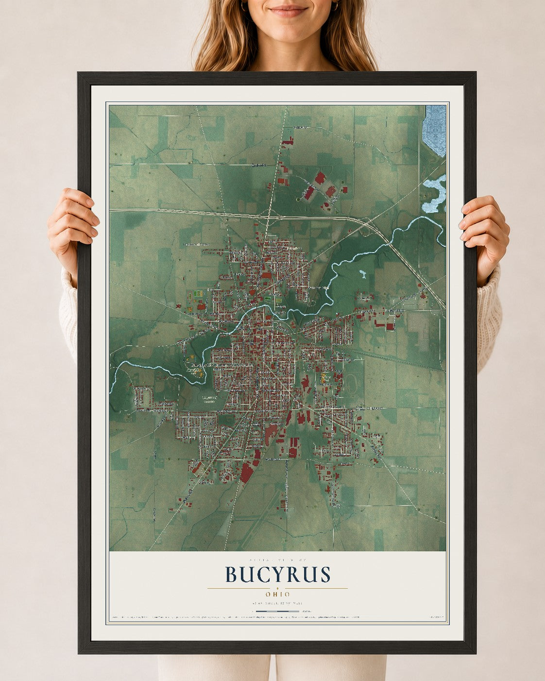 Map of Bucyrus, Ohio, 24 x 36 inch print in a black wood frame