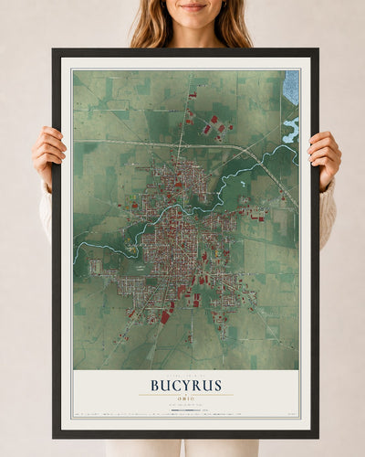 Map of Bucyrus, Ohio, 24 x 36 inch print in a black wood frame