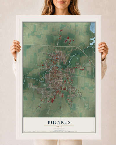 Map of Bucyrus, Ohio, 24 x 36 inch print in a white wood frame