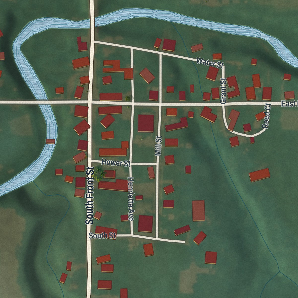 Close-up of the map of Burbank, Ohio print showing street and building detail