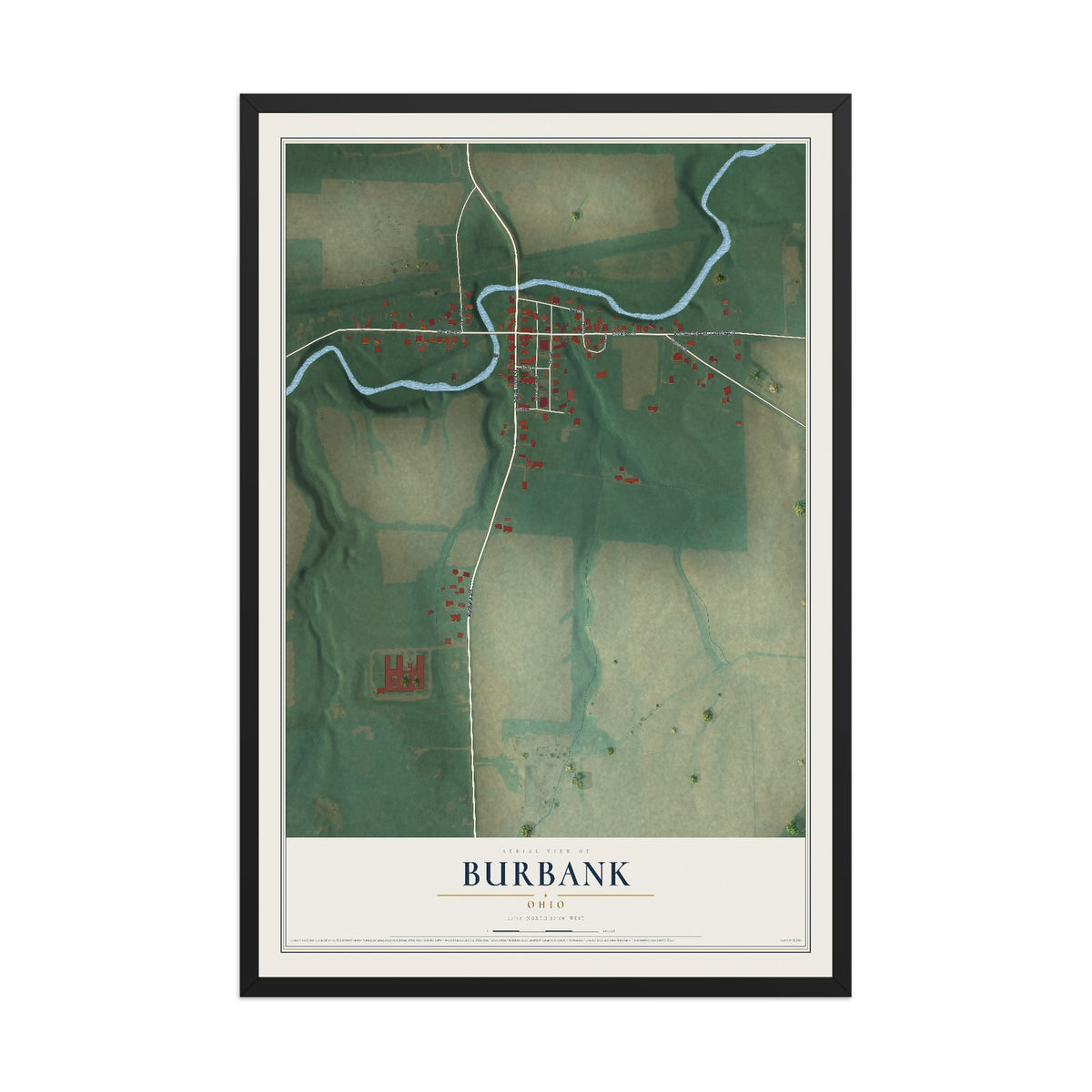 Map of Burbank, Ohio, 12 x 18 inch print in a black wood frame