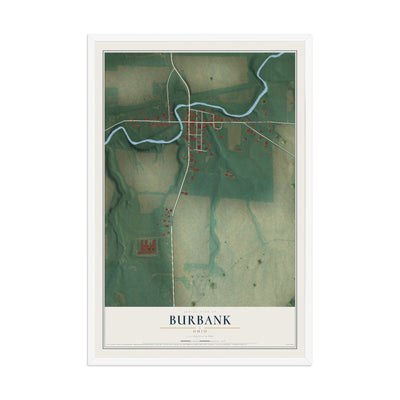 Map of Burbank, Ohio, 12 x 18 inch print in a white wood frame