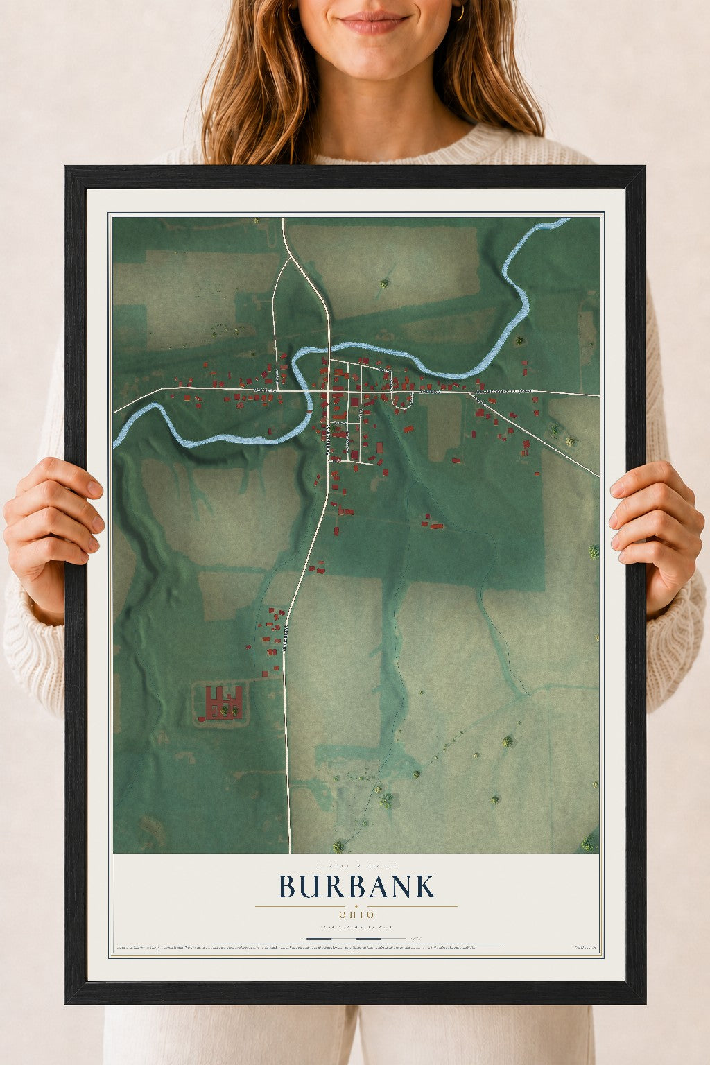 Map of Burbank, Ohio, 18 x 24 inch print in a black wood frame