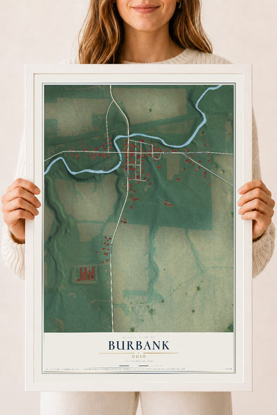 Map of Burbank, Ohio, 18 x 24 inch print in a white wood frame