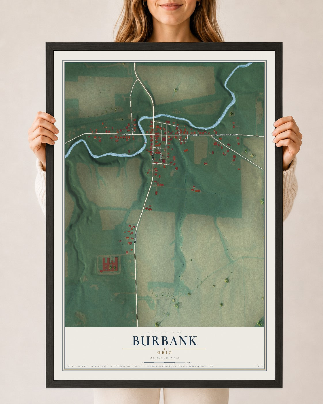 Map of Burbank, Ohio, 24 x 36 inch print in a black wood frame