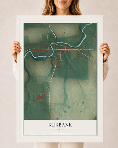 Map of Burbank, Ohio, 24 x 36 inch print in a white wood frame