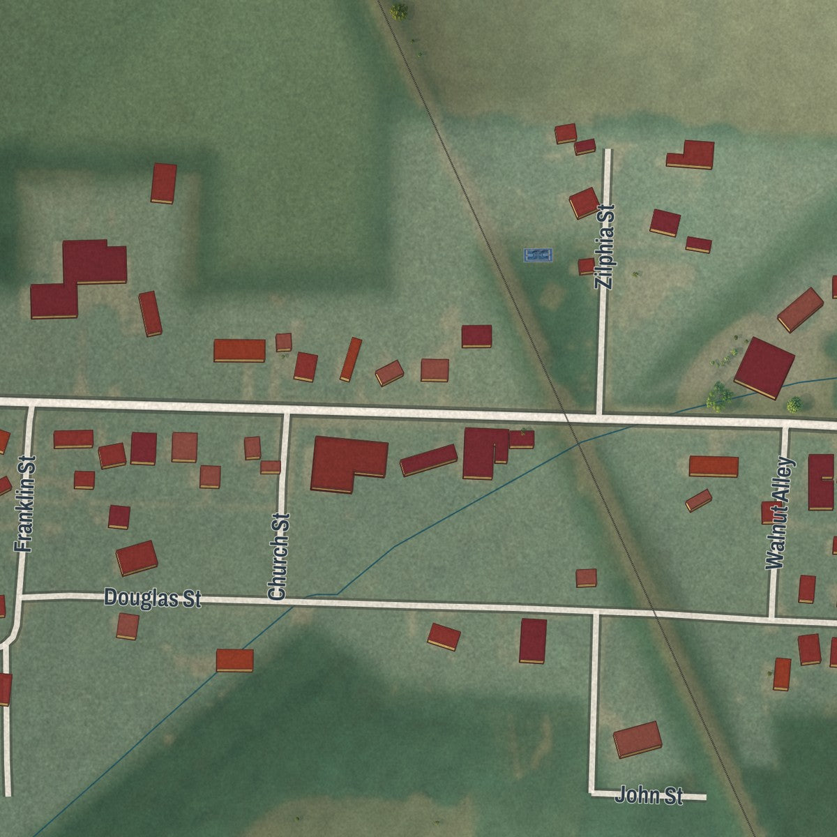Close-up of the map of Burgoon, Ohio print showing street and building detail