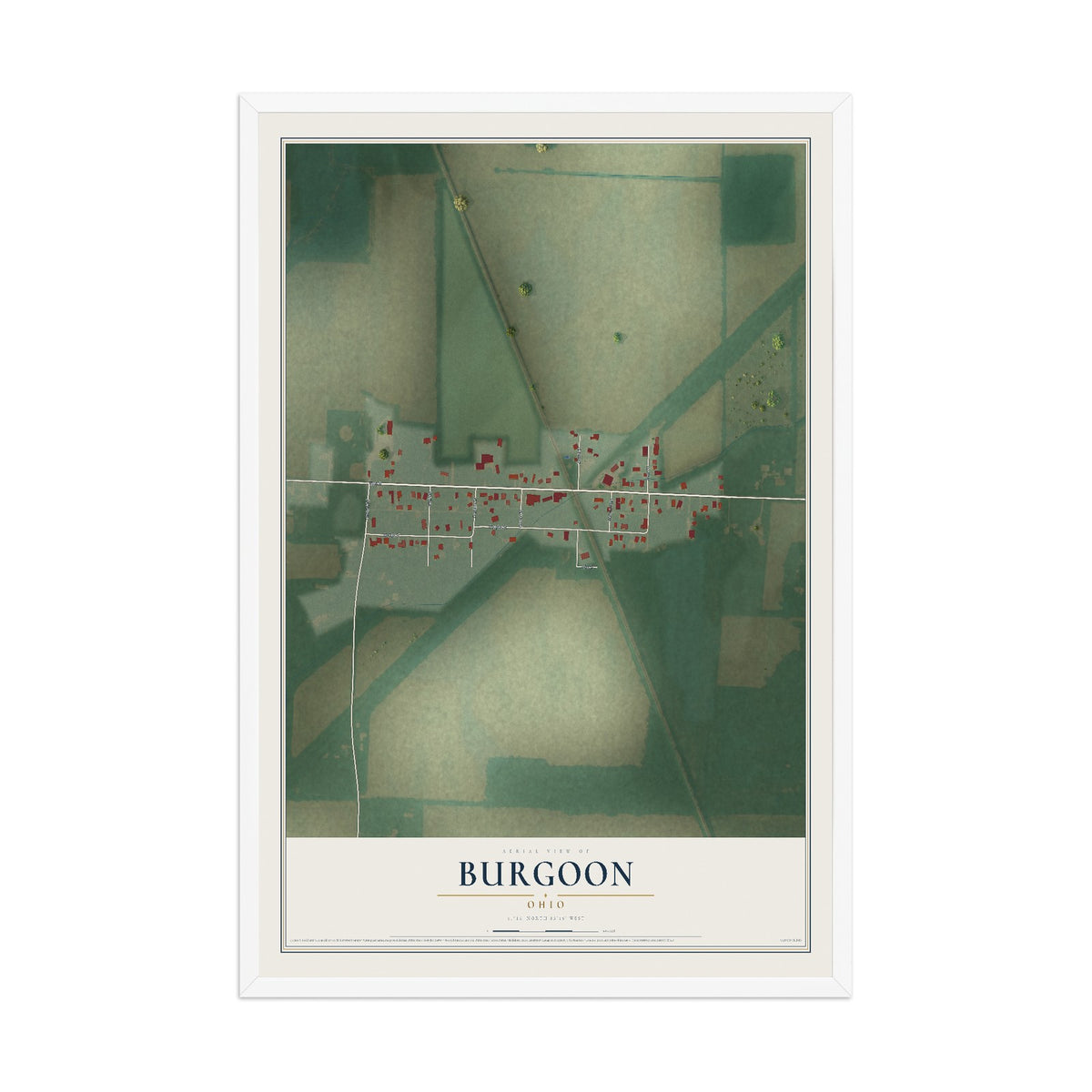Map of Burgoon, Ohio, 12 x 18 inch print in a white wood frame