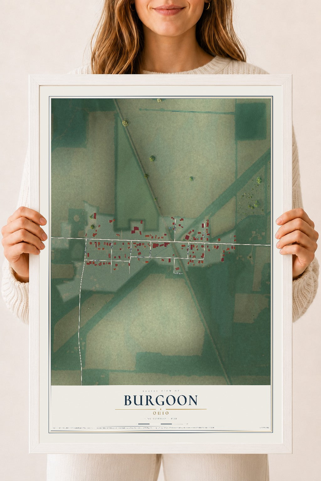 Map of Burgoon, Ohio, 18 x 24 inch print in a white wood frame