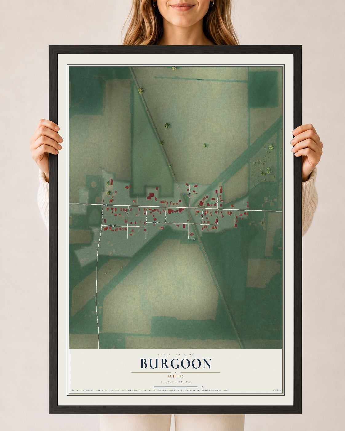 Map of Burgoon, Ohio, 24 x 36 inch print in a black wood frame