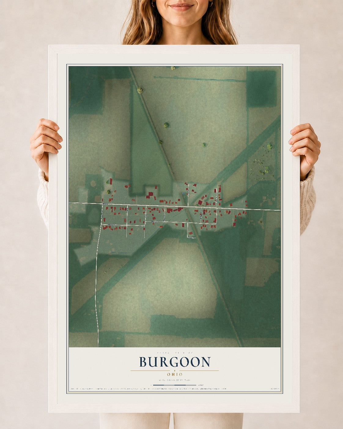 Map of Burgoon, Ohio, 24 x 36 inch print in a white wood frame