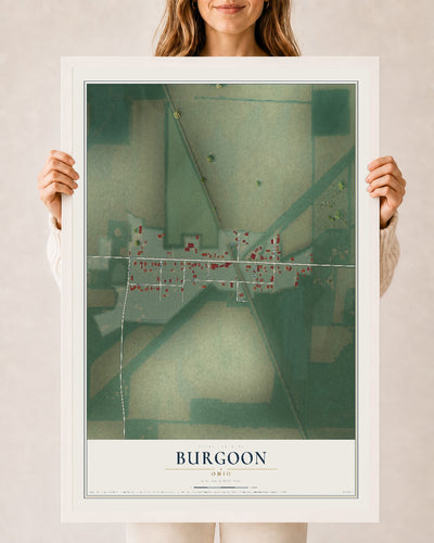 Map of Burgoon, Ohio, 24 x 36 inch print in a white wood frame