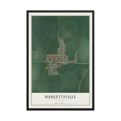 Map of Burkettsville, Ohio, 12 x 18 inch print in a black wood frame