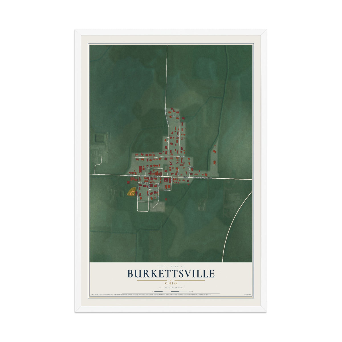 Map of Burkettsville, Ohio, 12 x 18 inch print in a white wood frame