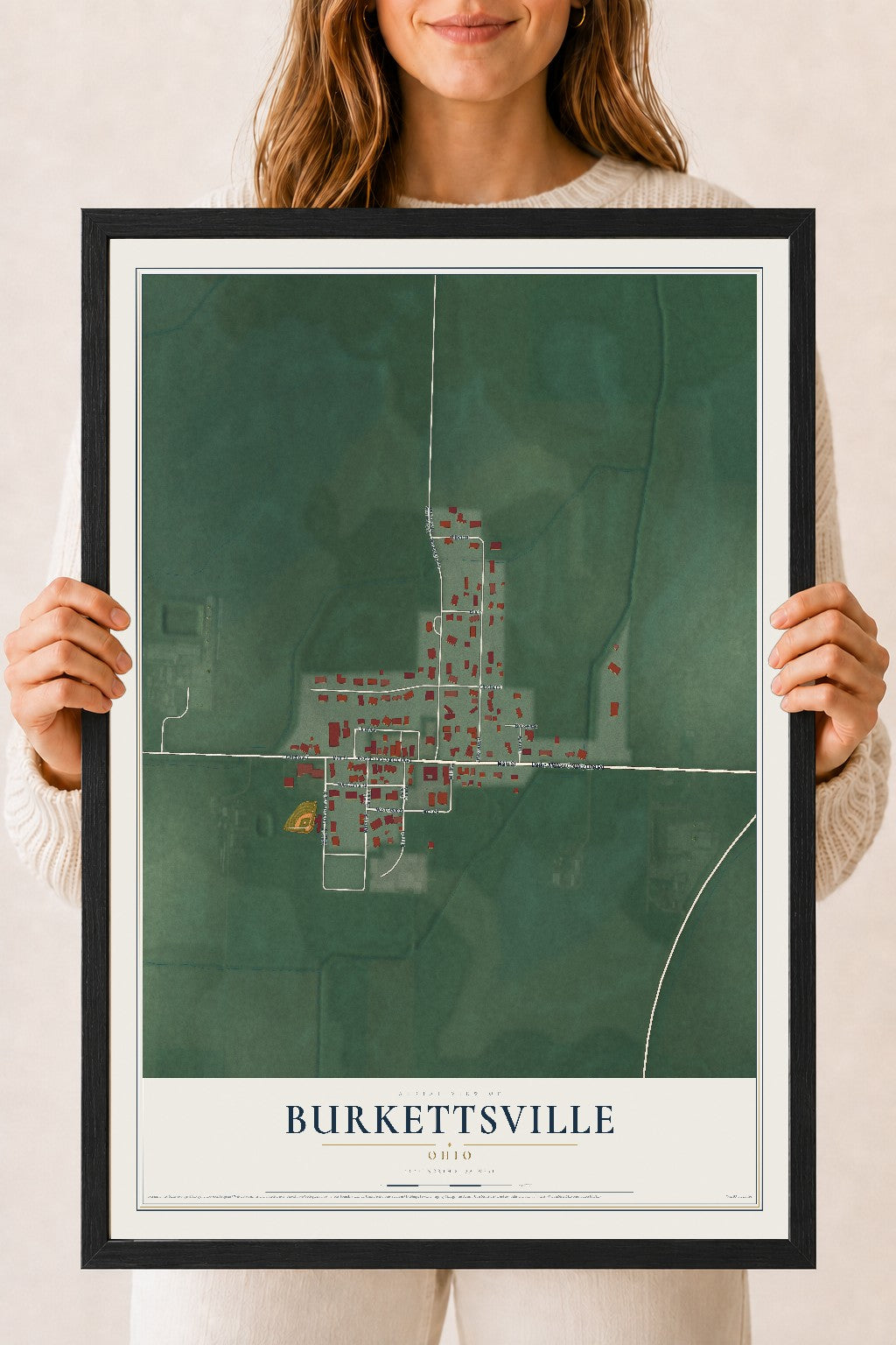 Map of Burkettsville, Ohio, 18 x 24 inch print in a black wood frame
