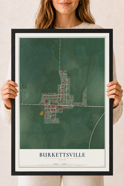 Map of Burkettsville, Ohio, 18 x 24 inch print in a black wood frame