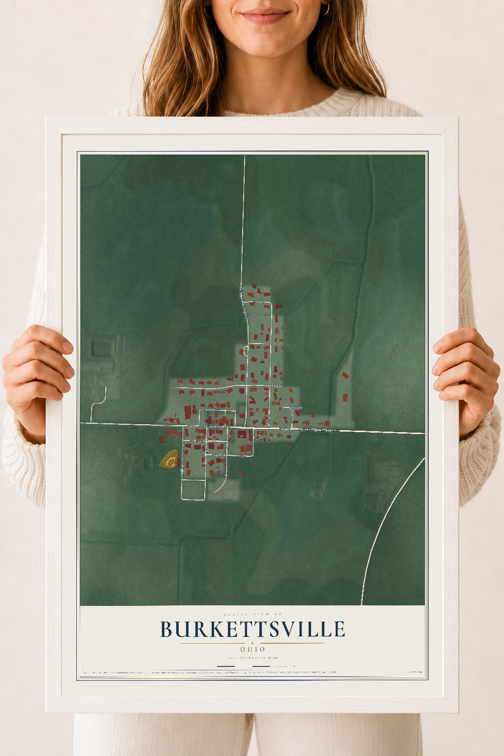 Map of Burkettsville, Ohio, 18 x 24 inch print in a white wood frame