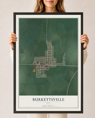 Map of Burkettsville, Ohio, 24 x 36 inch print in a black wood frame
