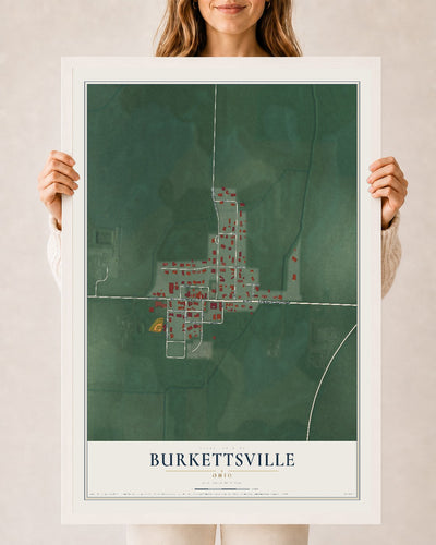 Map of Burkettsville, Ohio, 24 x 36 inch print in a white wood frame
